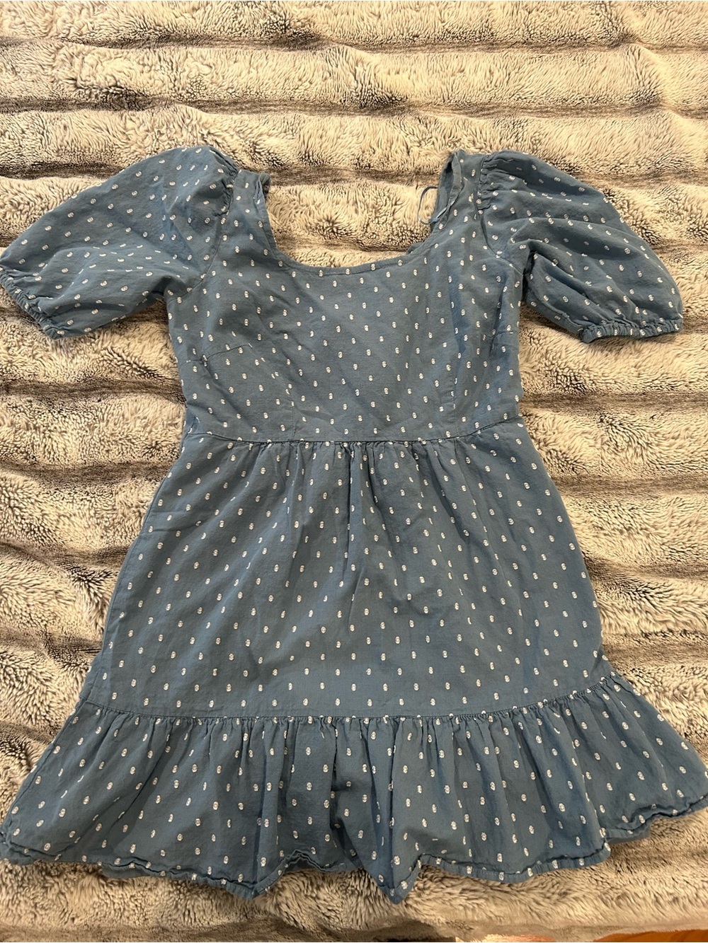 LOFT Blue Mini Dress with Puff Sleeves and White Dot Print